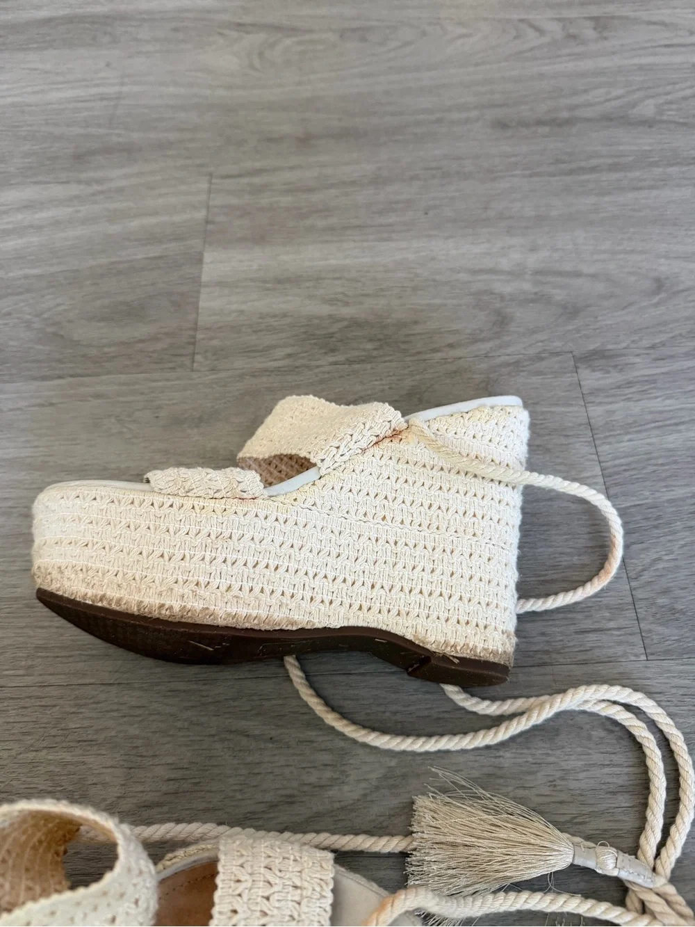 SCHUTZ Cream Woven Espadrille Wedge Sandals with Ankle Ties